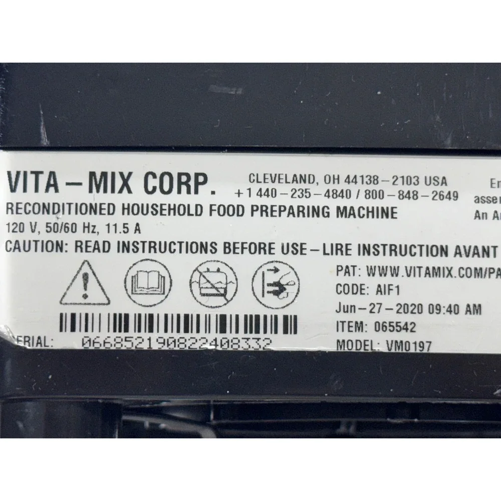 Vitamix VM0197 Blender Motor Base and Lid Black Variable Speed 11.5A 120V